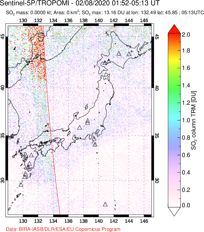 A sulfur dioxide image over Japan on Feb 08, 2020.
