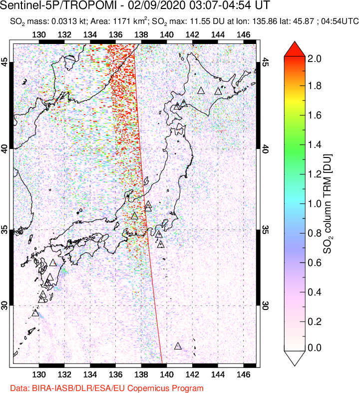 A sulfur dioxide image over Japan on Feb 09, 2020.