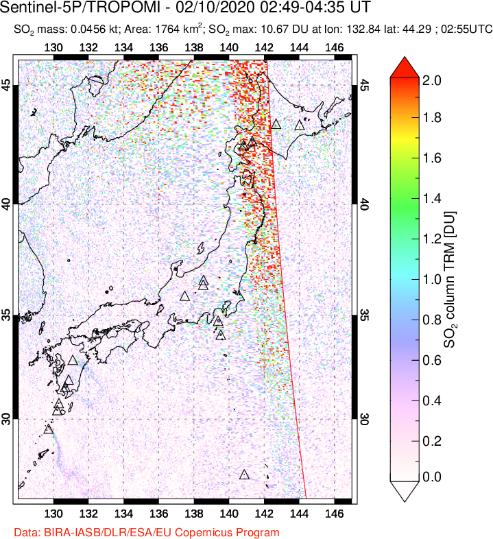 A sulfur dioxide image over Japan on Feb 10, 2020.