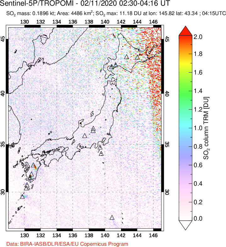 A sulfur dioxide image over Japan on Feb 11, 2020.