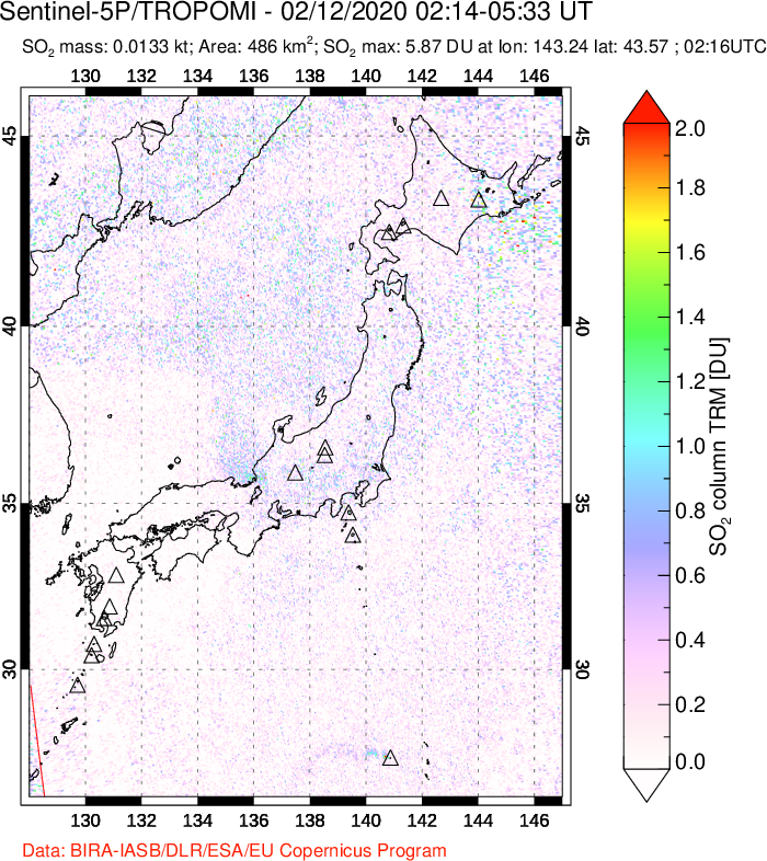 A sulfur dioxide image over Japan on Feb 12, 2020.