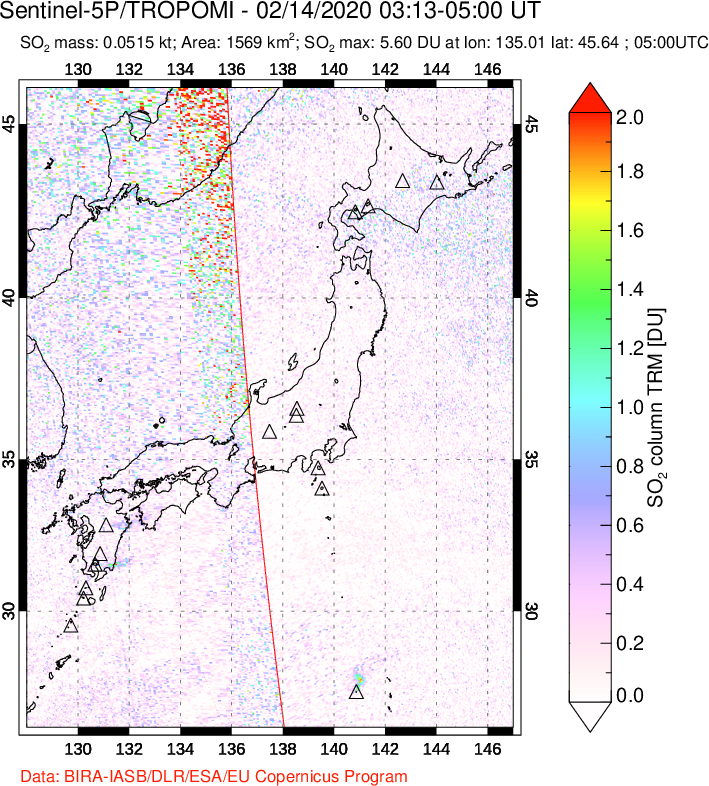 A sulfur dioxide image over Japan on Feb 14, 2020.