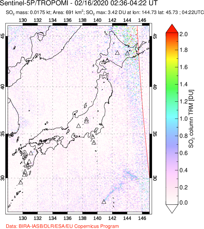 A sulfur dioxide image over Japan on Feb 16, 2020.
