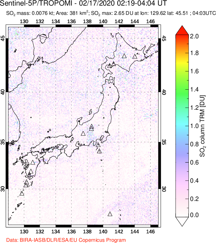 A sulfur dioxide image over Japan on Feb 17, 2020.