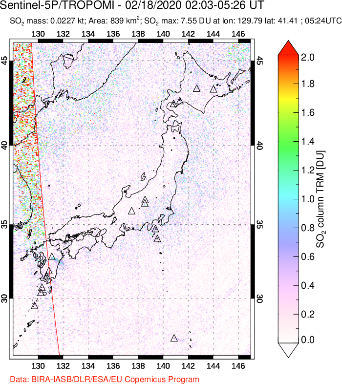 A sulfur dioxide image over Japan on Feb 18, 2020.