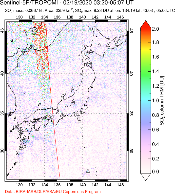 A sulfur dioxide image over Japan on Feb 19, 2020.