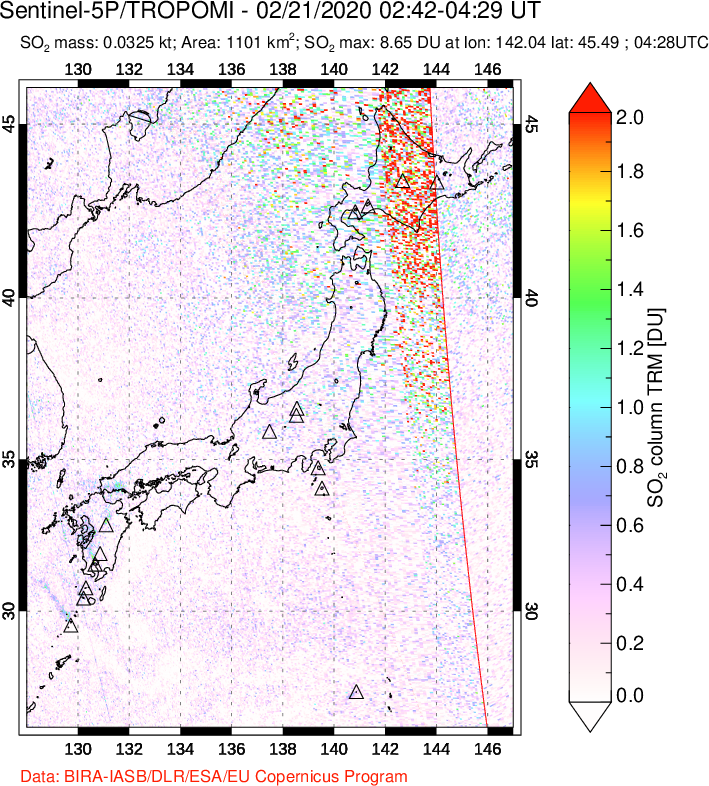 A sulfur dioxide image over Japan on Feb 21, 2020.