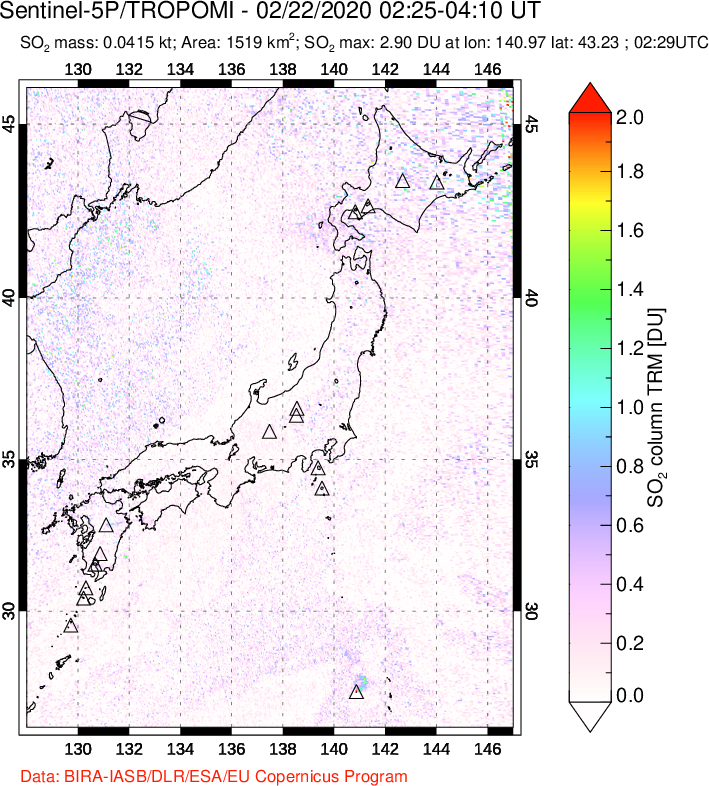 A sulfur dioxide image over Japan on Feb 22, 2020.