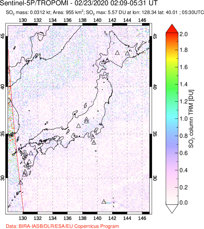 A sulfur dioxide image over Japan on Feb 23, 2020.