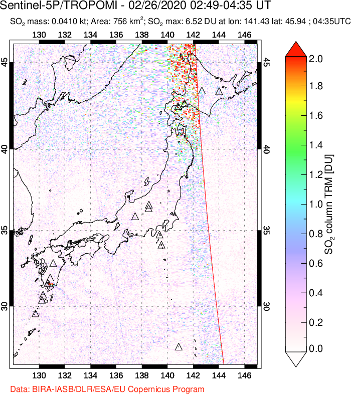 A sulfur dioxide image over Japan on Feb 26, 2020.