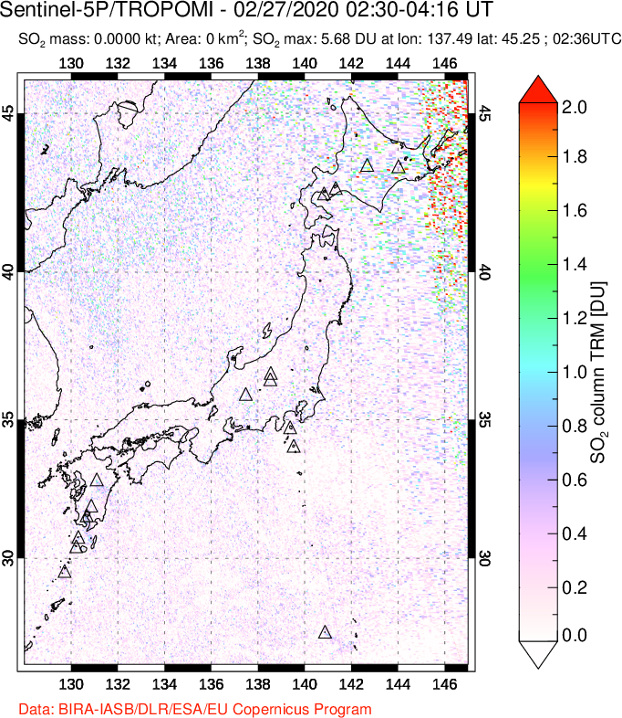 A sulfur dioxide image over Japan on Feb 27, 2020.