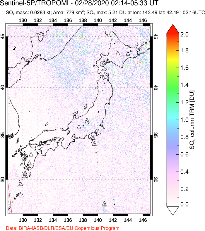 A sulfur dioxide image over Japan on Feb 28, 2020.