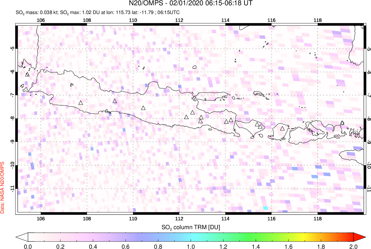A sulfur dioxide image over Java, Indonesia on Feb 01, 2020.