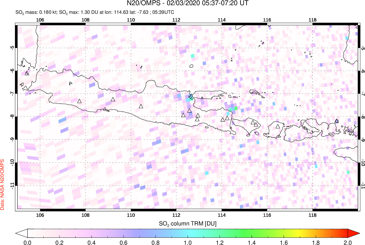 A sulfur dioxide image over Java, Indonesia on Feb 03, 2020.