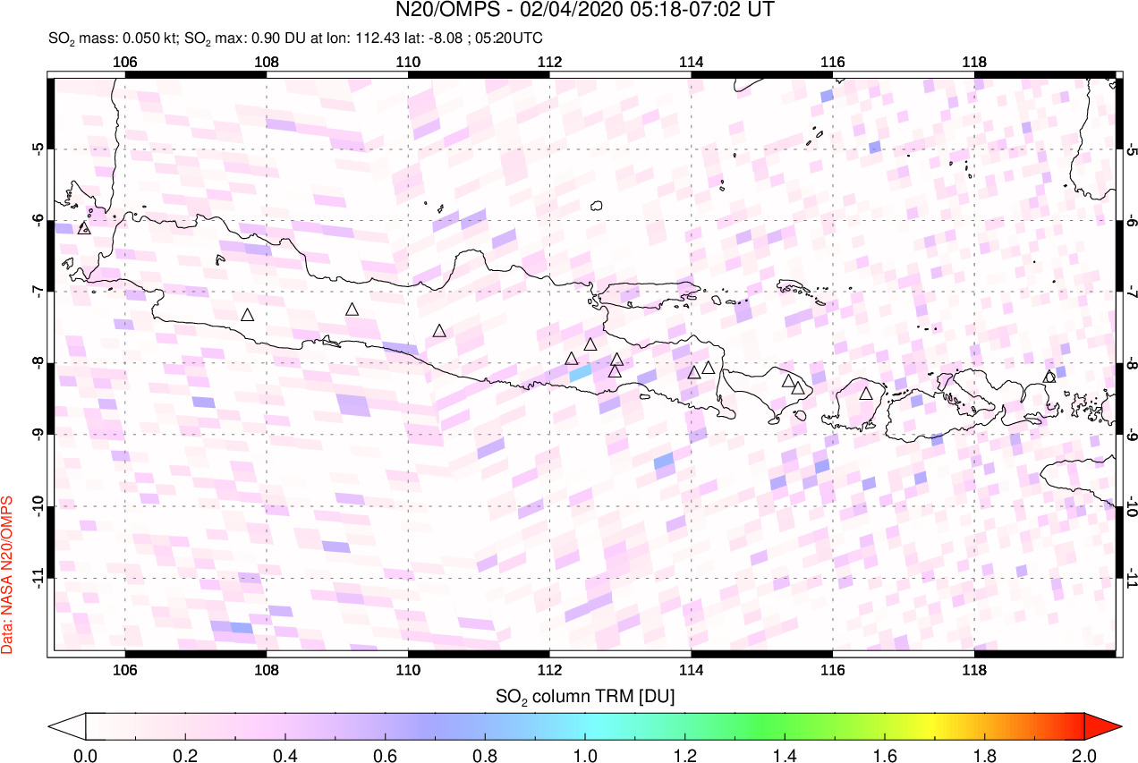 A sulfur dioxide image over Java, Indonesia on Feb 04, 2020.