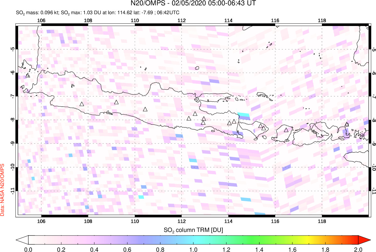 A sulfur dioxide image over Java, Indonesia on Feb 05, 2020.