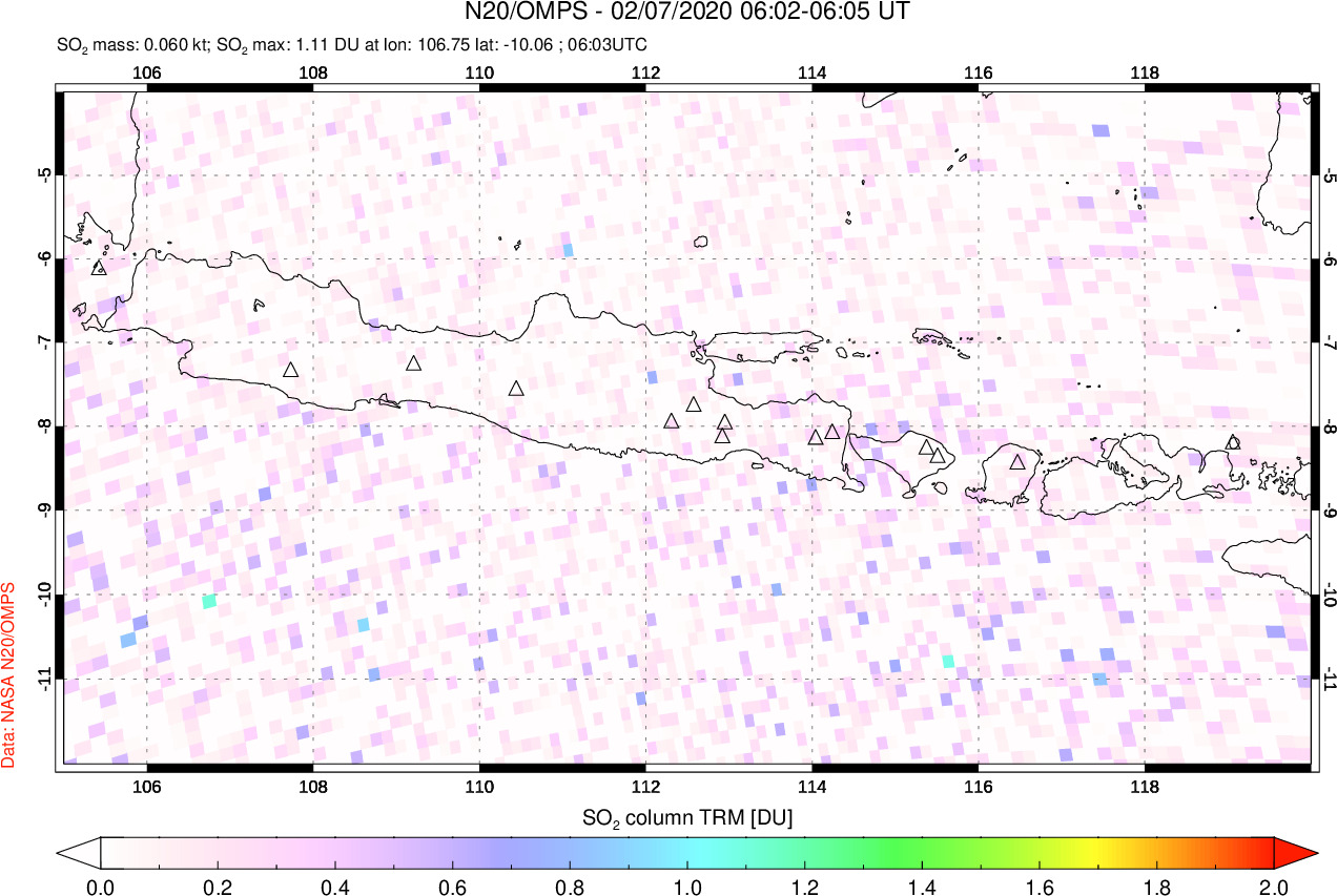 A sulfur dioxide image over Java, Indonesia on Feb 07, 2020.