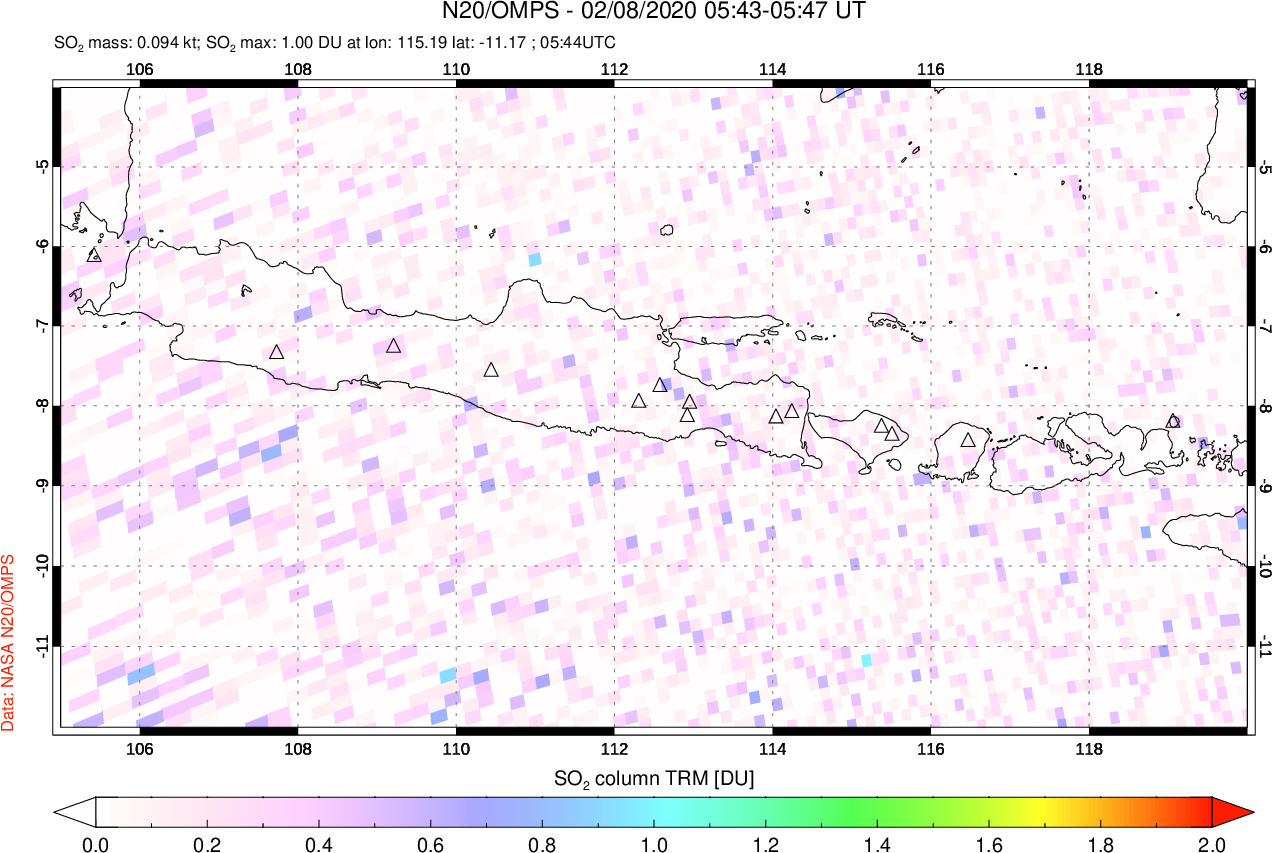 A sulfur dioxide image over Java, Indonesia on Feb 08, 2020.
