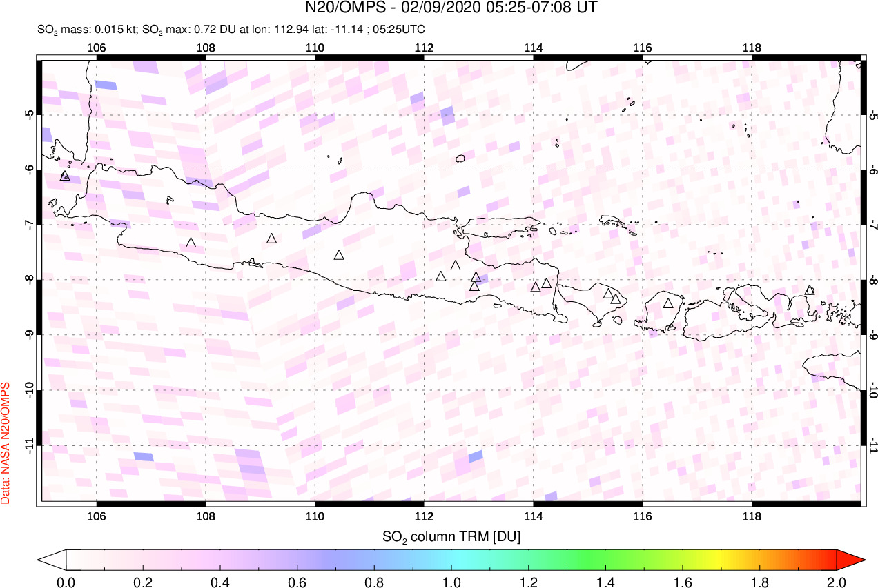 A sulfur dioxide image over Java, Indonesia on Feb 09, 2020.