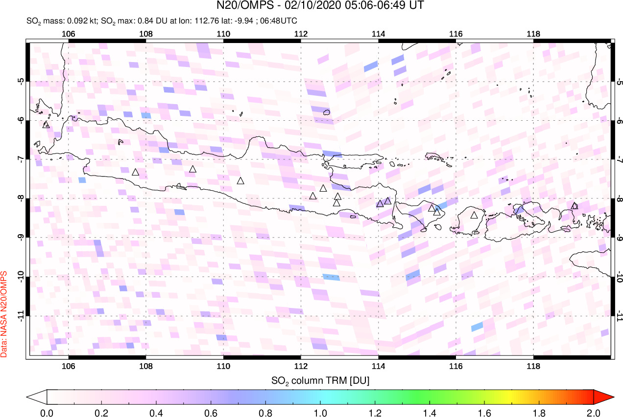 A sulfur dioxide image over Java, Indonesia on Feb 10, 2020.
