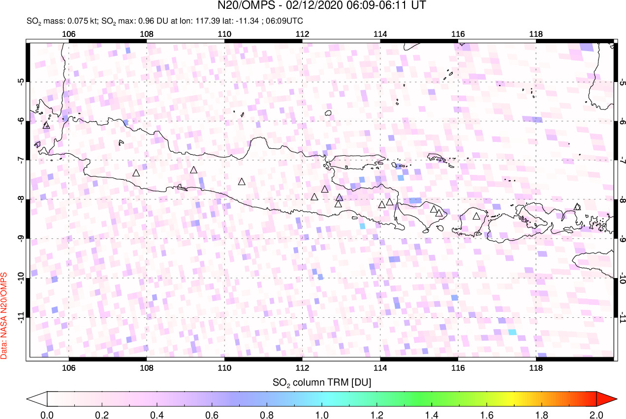 A sulfur dioxide image over Java, Indonesia on Feb 12, 2020.