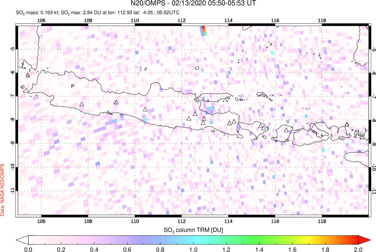 A sulfur dioxide image over Java, Indonesia on Feb 13, 2020.