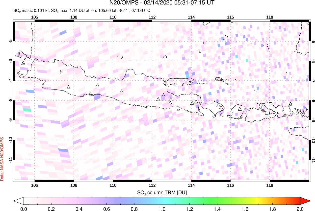 A sulfur dioxide image over Java, Indonesia on Feb 14, 2020.