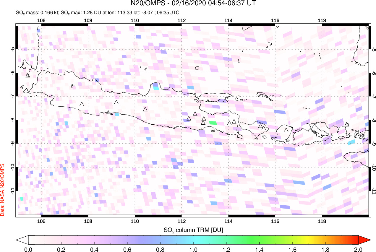 A sulfur dioxide image over Java, Indonesia on Feb 16, 2020.