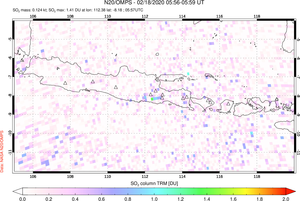 A sulfur dioxide image over Java, Indonesia on Feb 18, 2020.