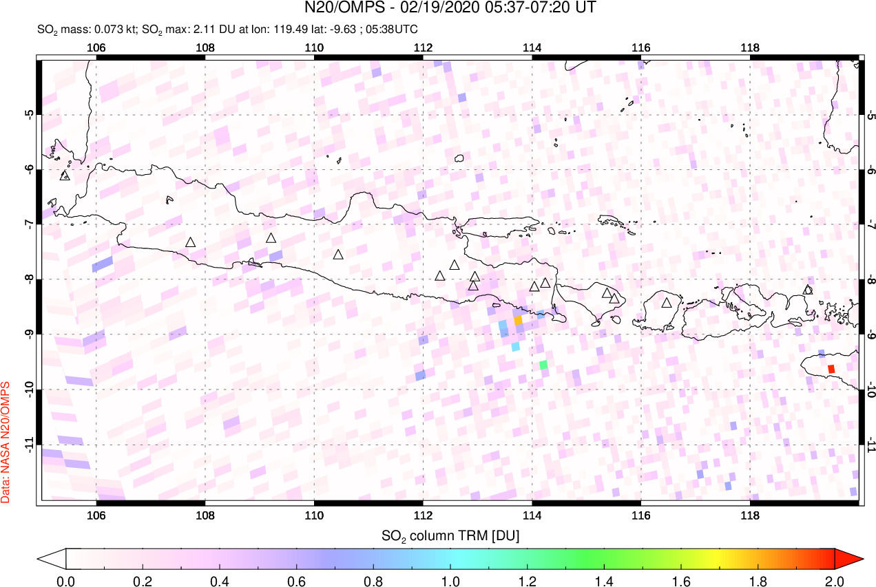 A sulfur dioxide image over Java, Indonesia on Feb 19, 2020.