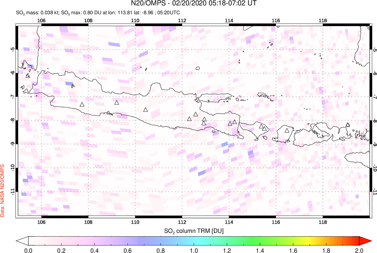 A sulfur dioxide image over Java, Indonesia on Feb 20, 2020.