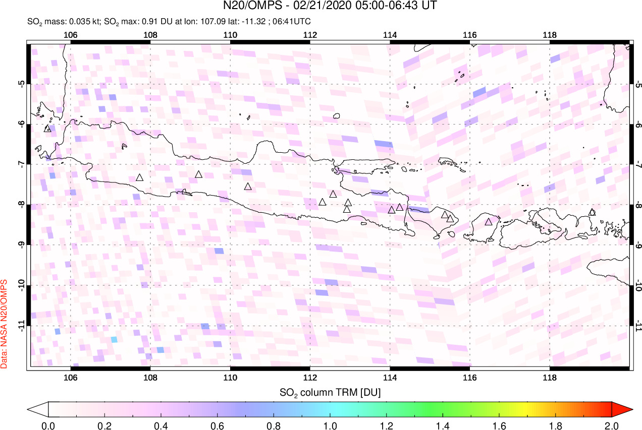 A sulfur dioxide image over Java, Indonesia on Feb 21, 2020.
