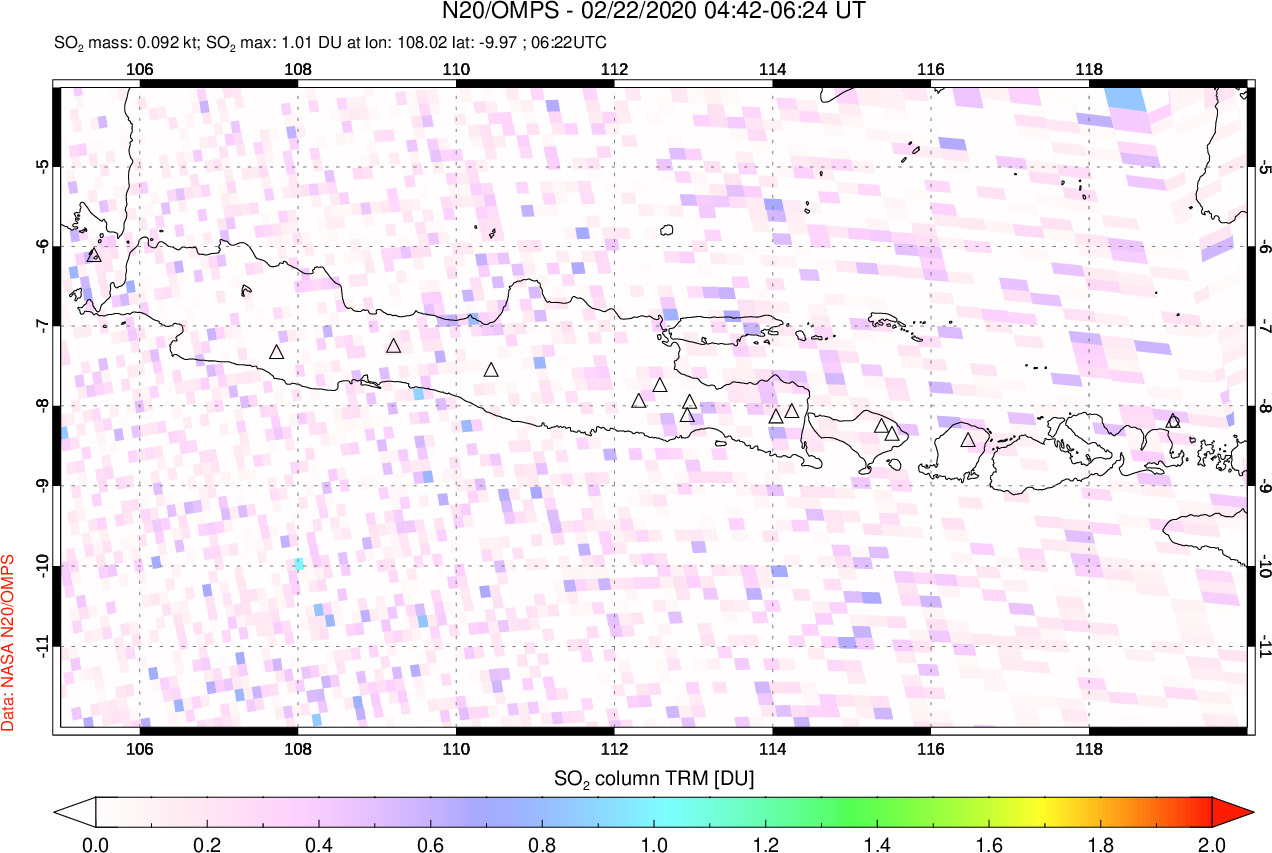 A sulfur dioxide image over Java, Indonesia on Feb 22, 2020.