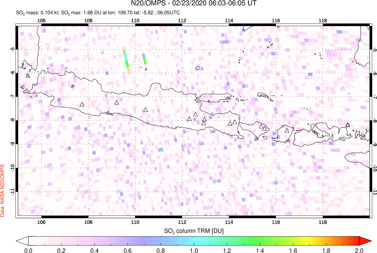 A sulfur dioxide image over Java, Indonesia on Feb 23, 2020.