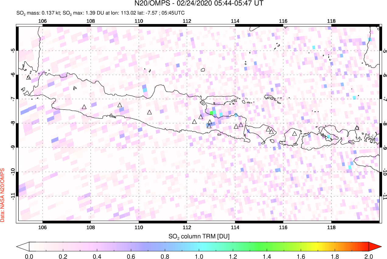 A sulfur dioxide image over Java, Indonesia on Feb 24, 2020.