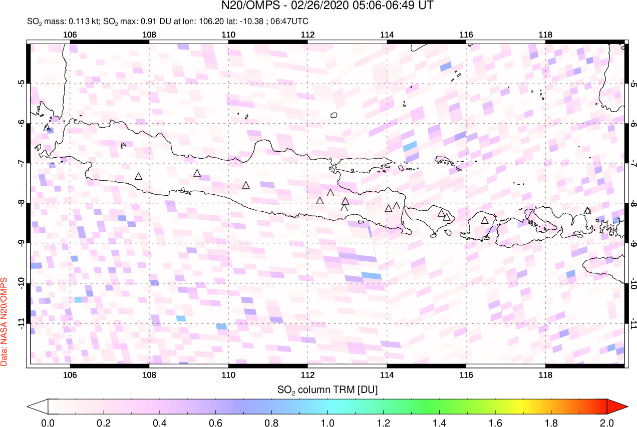 A sulfur dioxide image over Java, Indonesia on Feb 26, 2020.