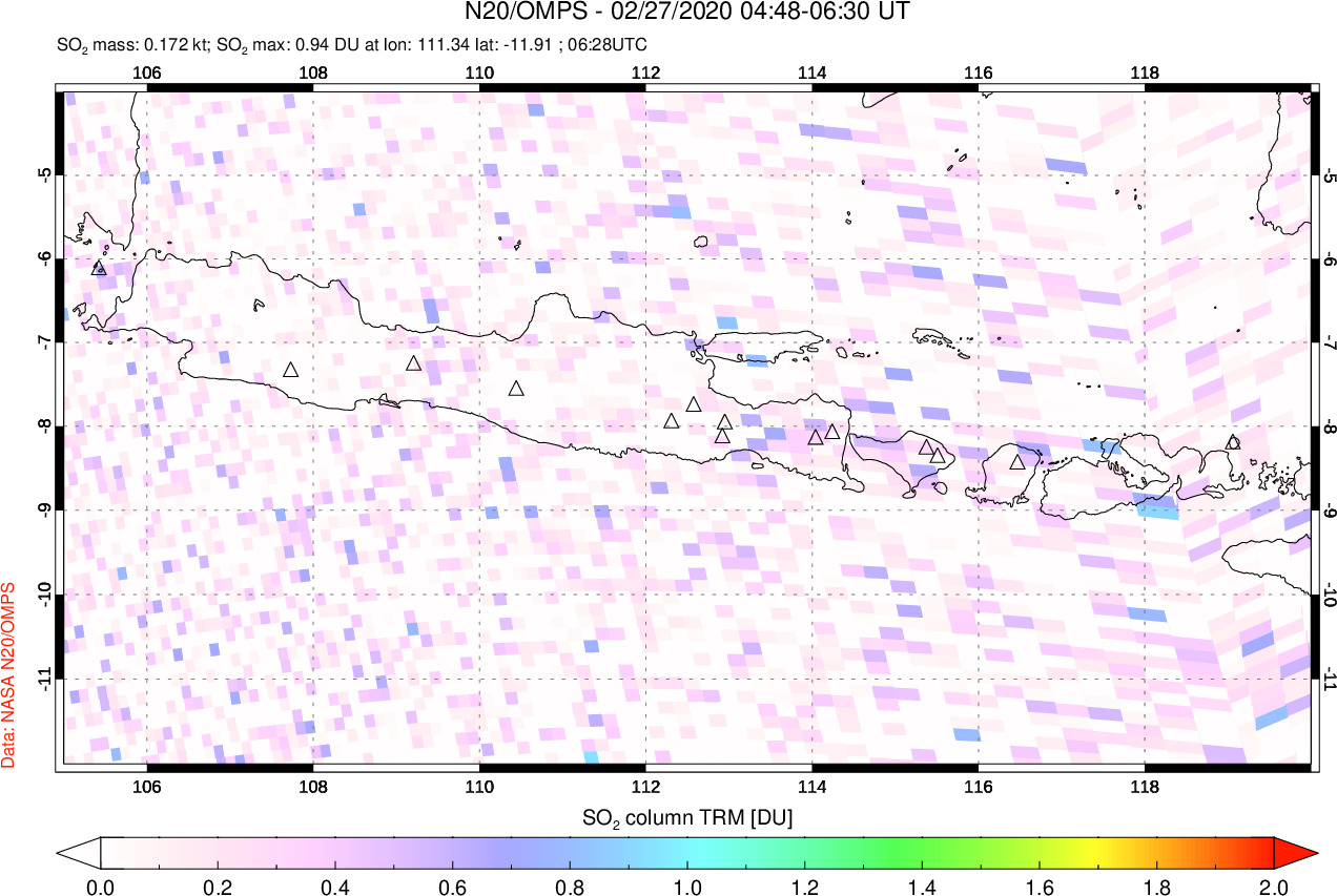 A sulfur dioxide image over Java, Indonesia on Feb 27, 2020.