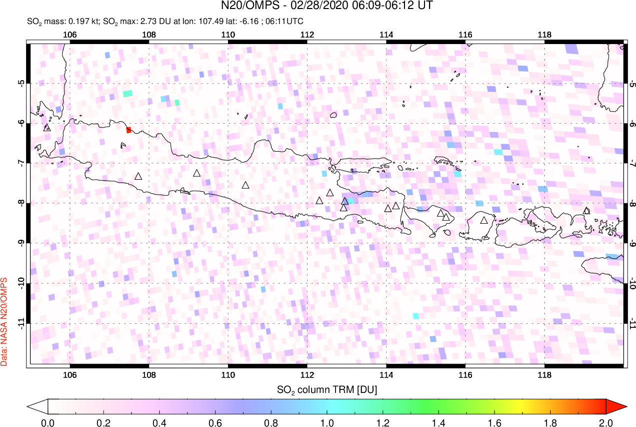 A sulfur dioxide image over Java, Indonesia on Feb 28, 2020.
