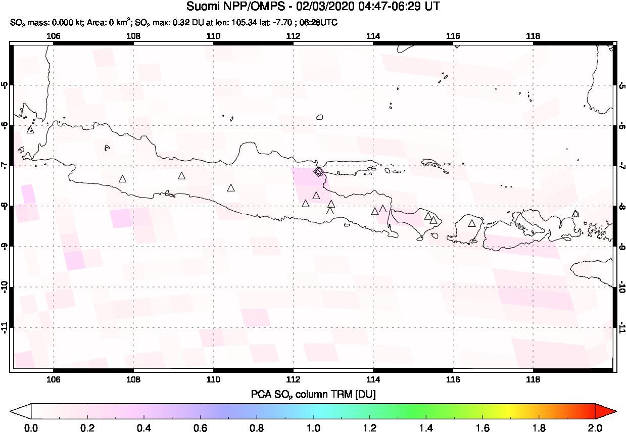 A sulfur dioxide image over Java, Indonesia on Feb 03, 2020.