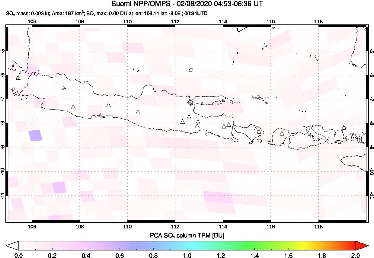 A sulfur dioxide image over Java, Indonesia on Feb 08, 2020.
