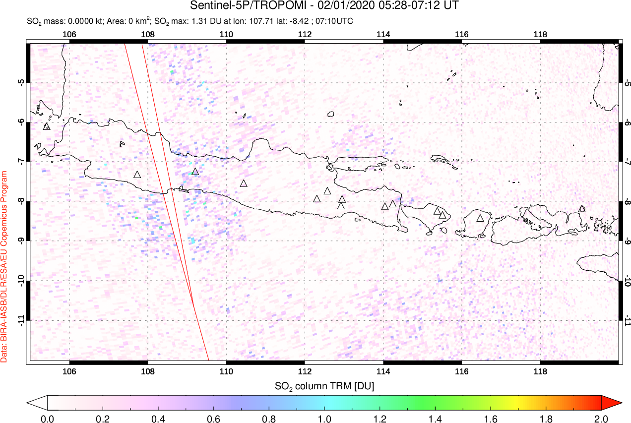A sulfur dioxide image over Java, Indonesia on Feb 01, 2020.