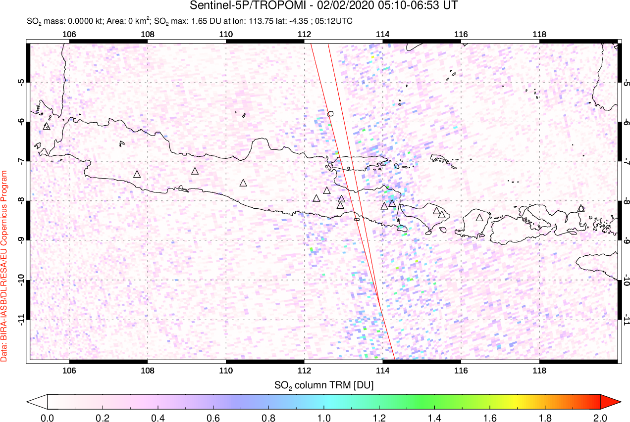 A sulfur dioxide image over Java, Indonesia on Feb 02, 2020.