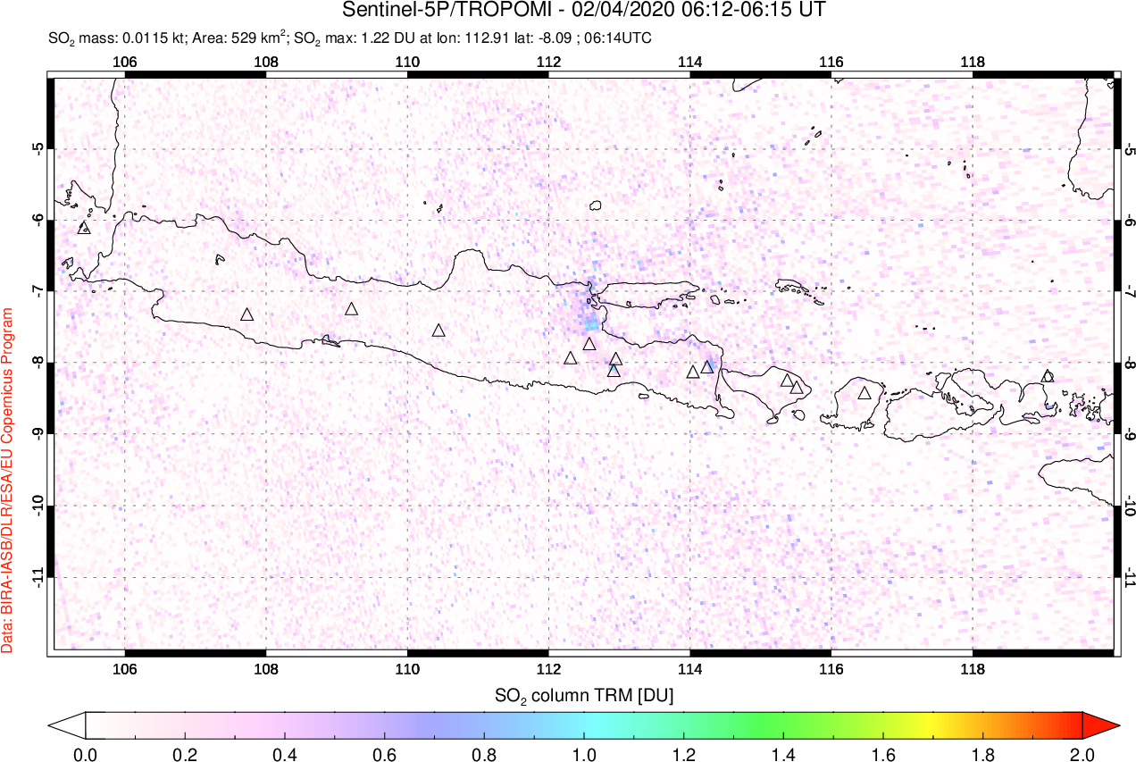 A sulfur dioxide image over Java, Indonesia on Feb 04, 2020.