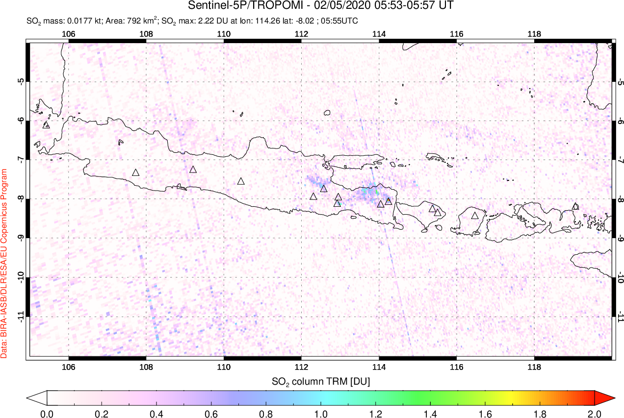 A sulfur dioxide image over Java, Indonesia on Feb 05, 2020.