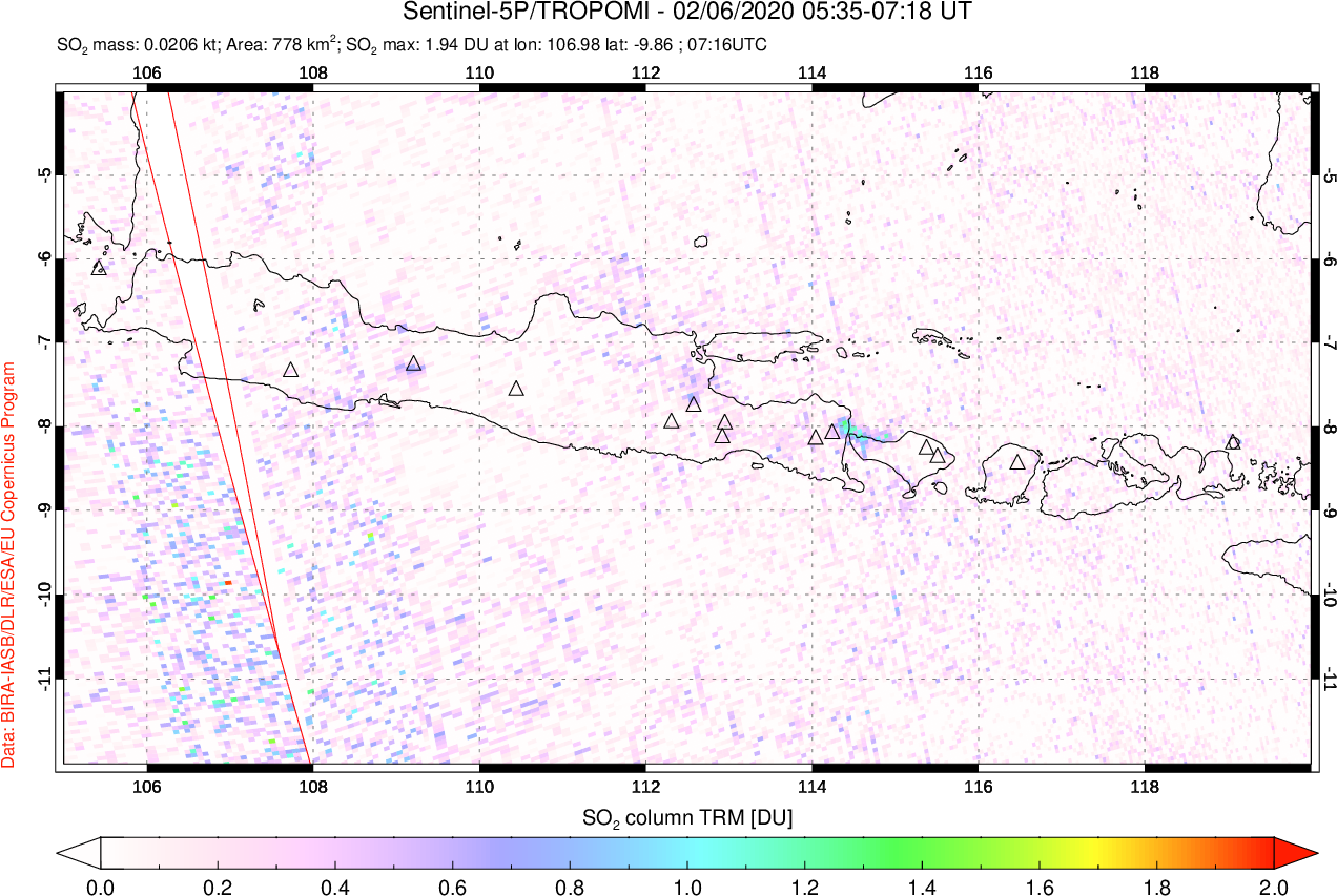 A sulfur dioxide image over Java, Indonesia on Feb 06, 2020.