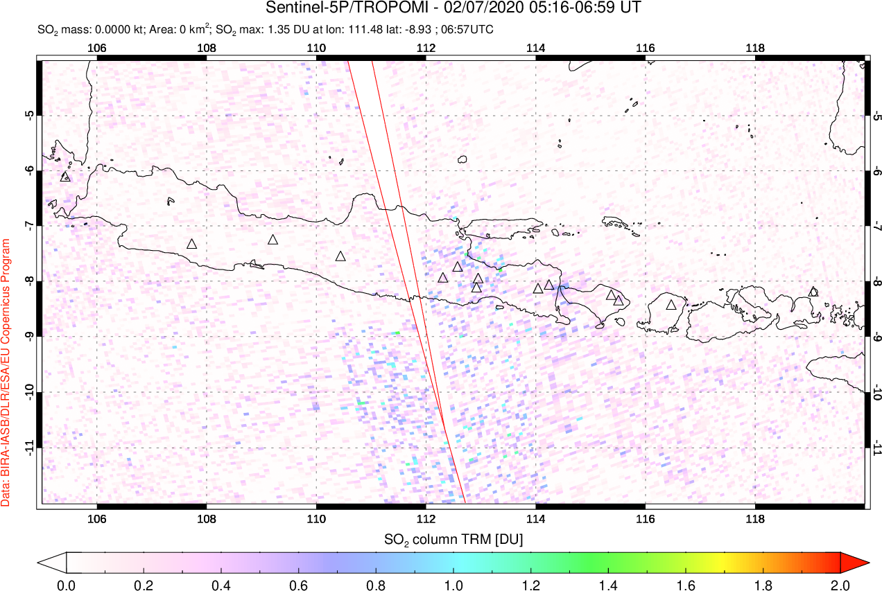 A sulfur dioxide image over Java, Indonesia on Feb 07, 2020.