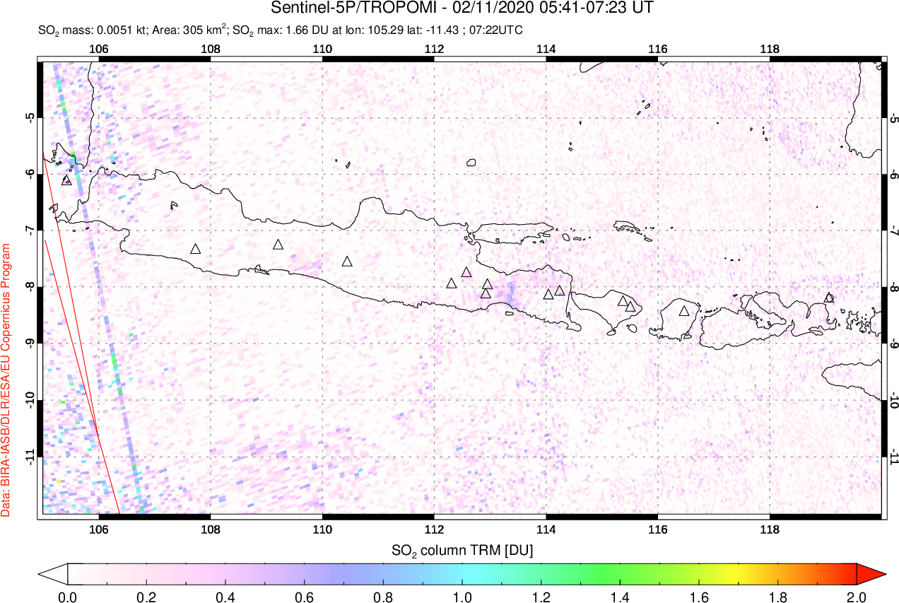A sulfur dioxide image over Java, Indonesia on Feb 11, 2020.