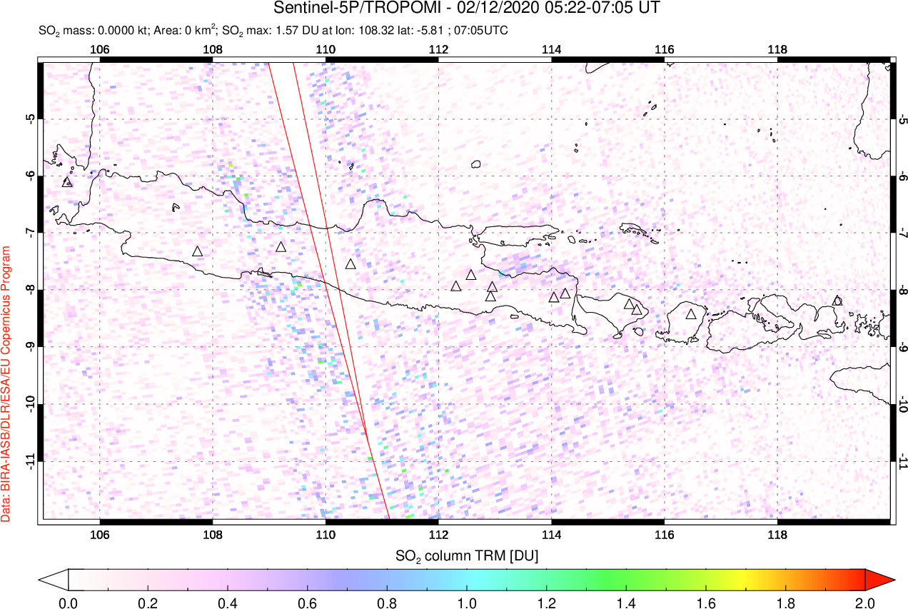A sulfur dioxide image over Java, Indonesia on Feb 12, 2020.
