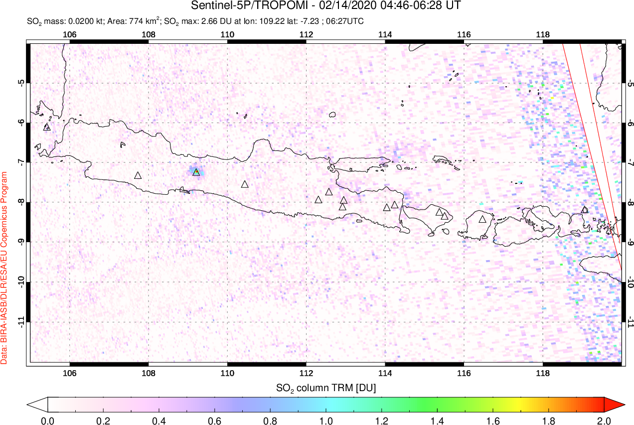 A sulfur dioxide image over Java, Indonesia on Feb 14, 2020.