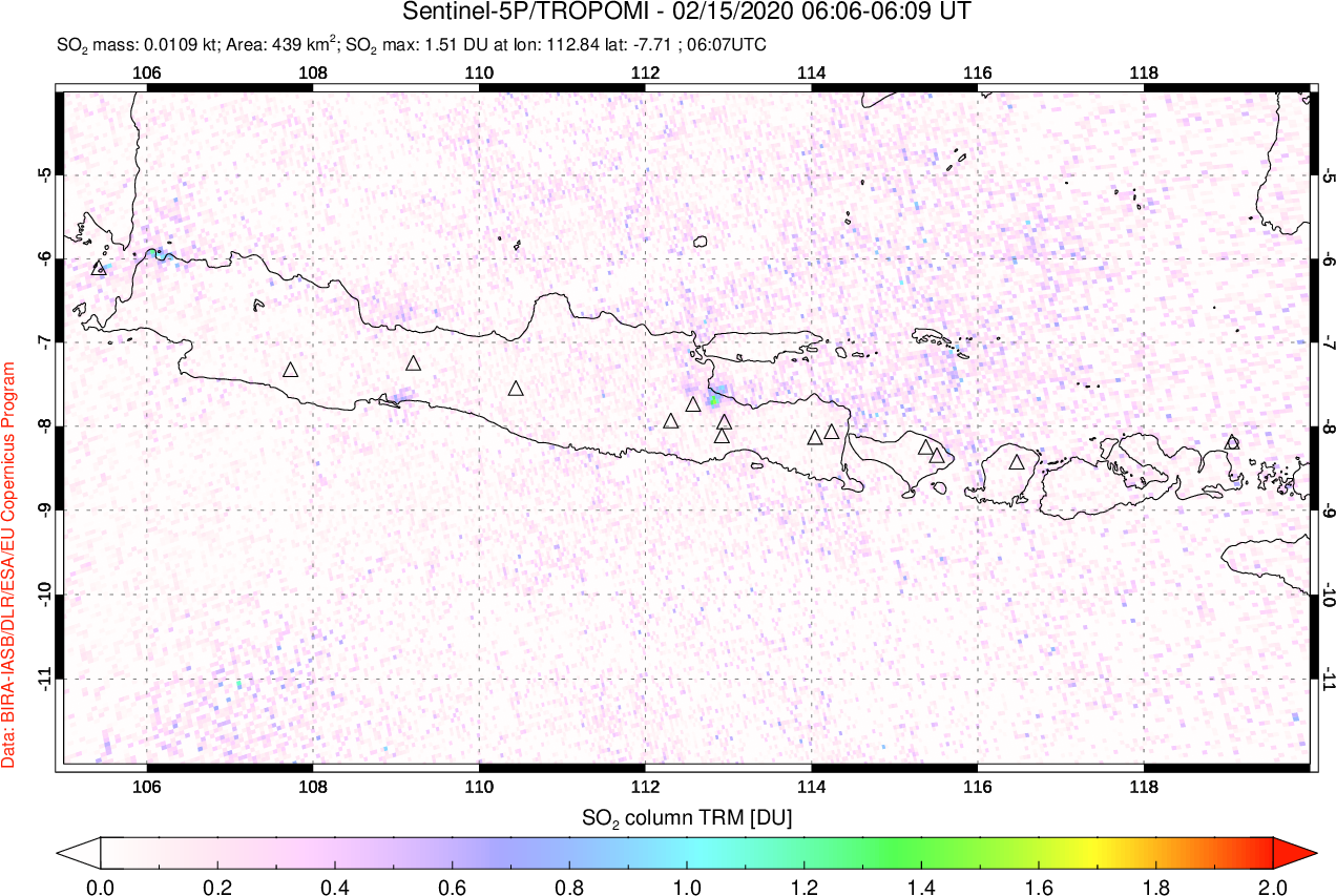 A sulfur dioxide image over Java, Indonesia on Feb 15, 2020.